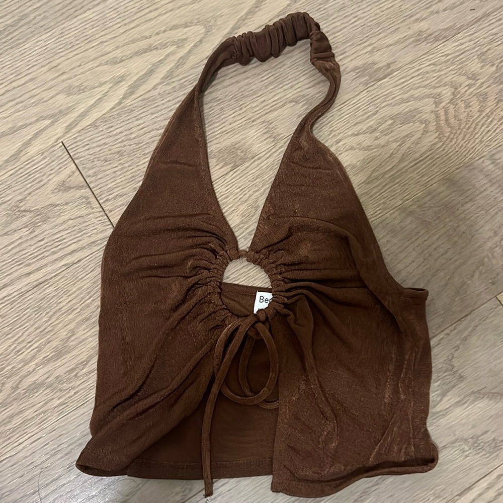 Bershka Brown Open Back Halter Top with adjustable front tie. Size XS.